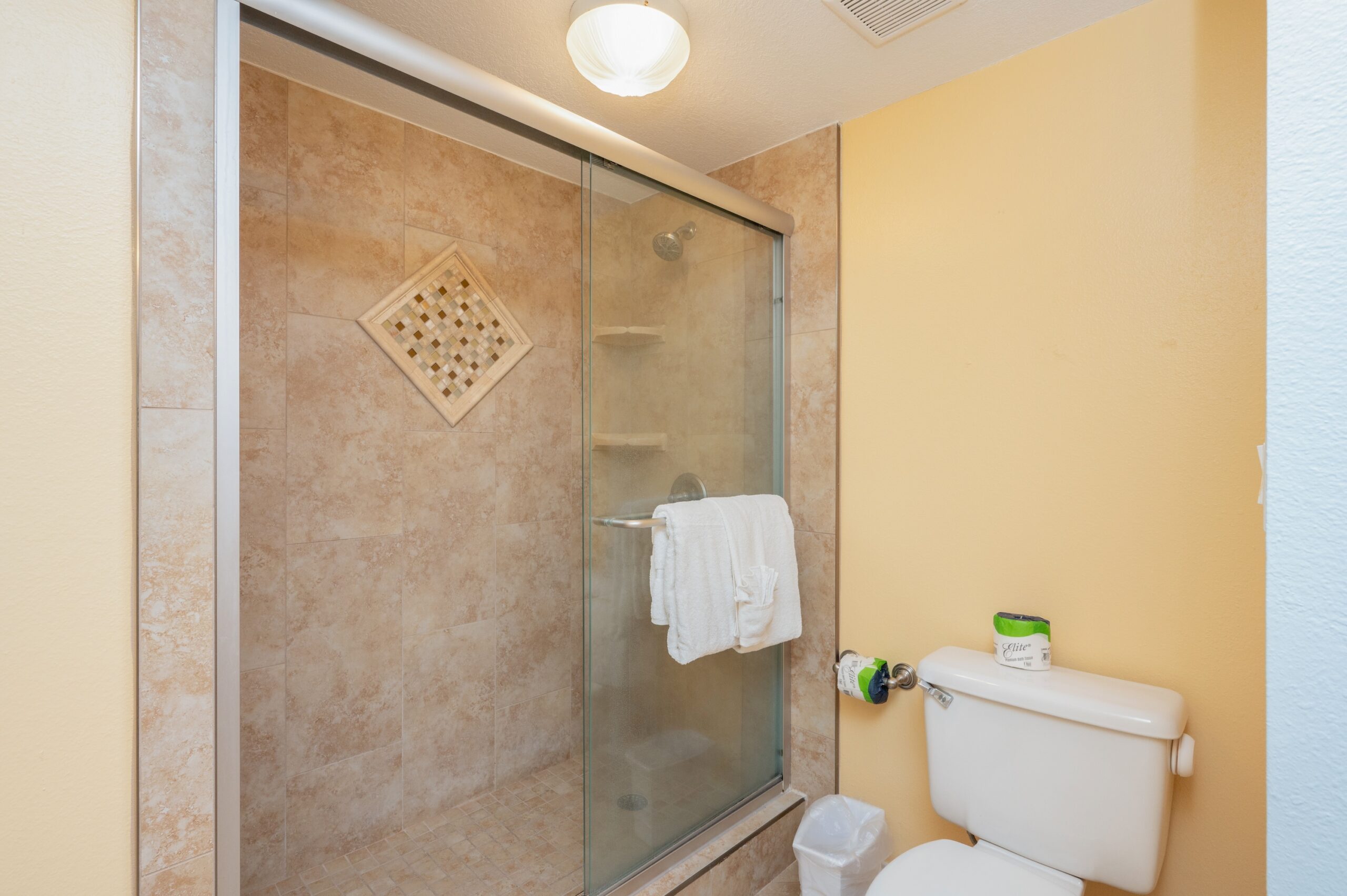 Tile shower with large glass doors in mater bathroom